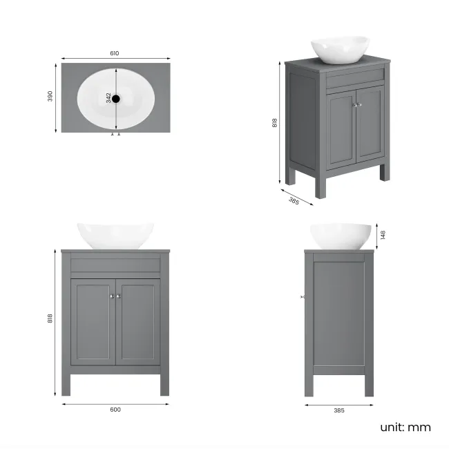 Bermuda Dove Grey Vanity With Oval Counter Top Basin 600mm