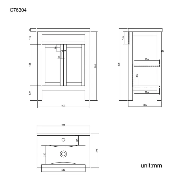 Bermuda Chalk White Basin Vanity 600mm