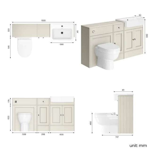 Monaco Chalk White Combination Vanity Basin and Seattle Toilet 1500mm