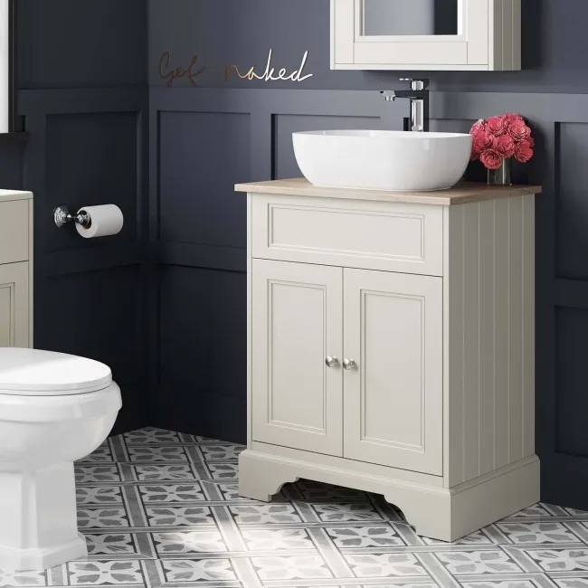 Lucia Chalk White Vanity With Oak Effect Top & Curved Counter Top Basin 640mm