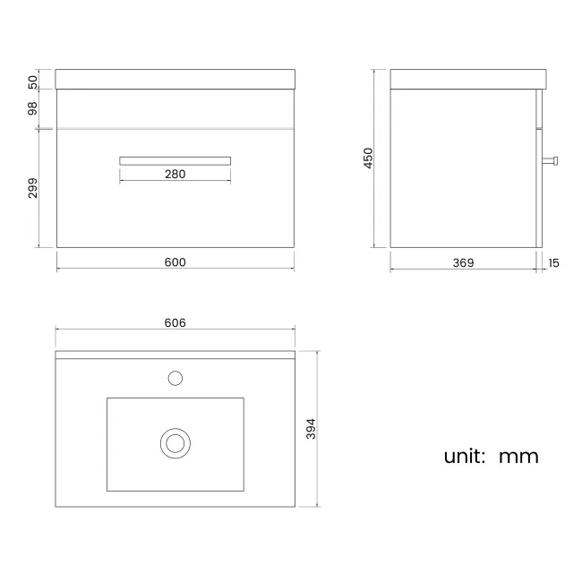 Avon Gloss White Wall Hung Basin Drawer Vanity 600mm