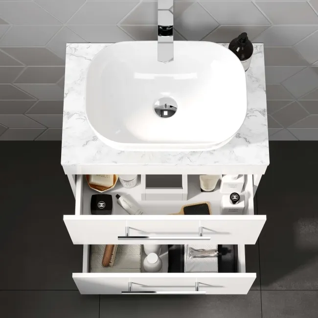 Avon Gloss White Vanity Drawer with Marble Top & Curved Counter Top Basin 600mm