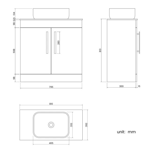 Avon Stone Grey Vanity with Marble Top & Curved Counter Top Basin 800mm