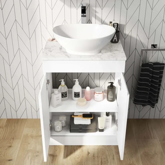 Trent Gloss White Vanity with Marble Top & Oval Counter Top Basin 600mm