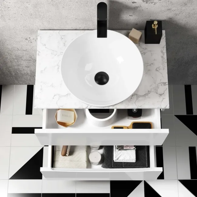Austin Gloss White Wall Hung Drawer Vanity with Marble Top & Round Counter Top Basin 600mm