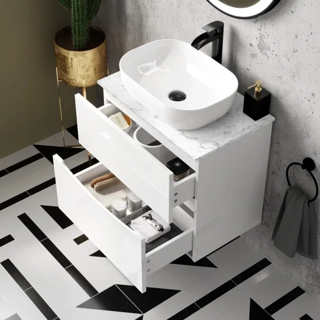 Austin Gloss White Wall Hung Drawer Vanity with Marble Top & Curved Counter Top Basin 600mm