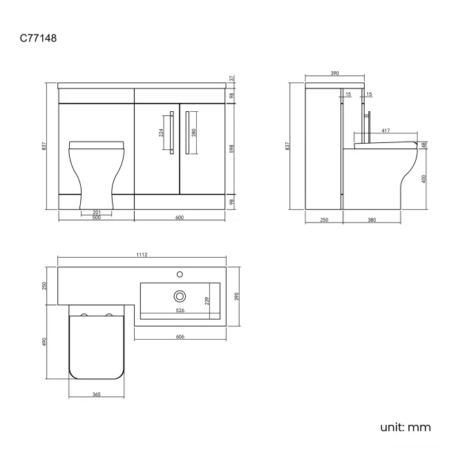 Avon Gloss White Combination Vanity Basin and Atlanta Toilet 1100mm - Right Handed
