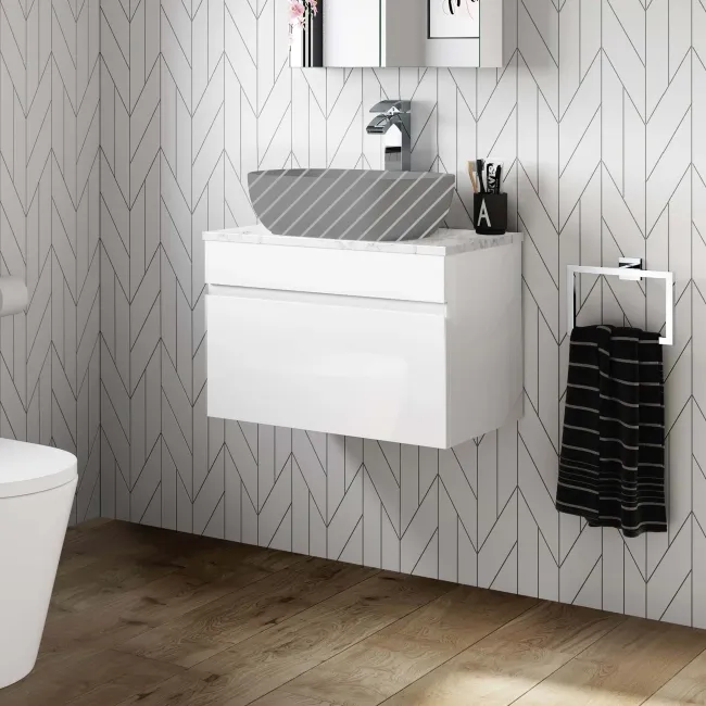 Trent Gloss White Wall Hung Drawer with Marble Top 600mm - Excludes Counter Top Basin