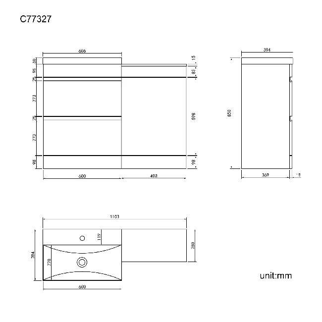 Trent Gloss White Basin Vanity Drawer and Back To Wall Unit 1100mm