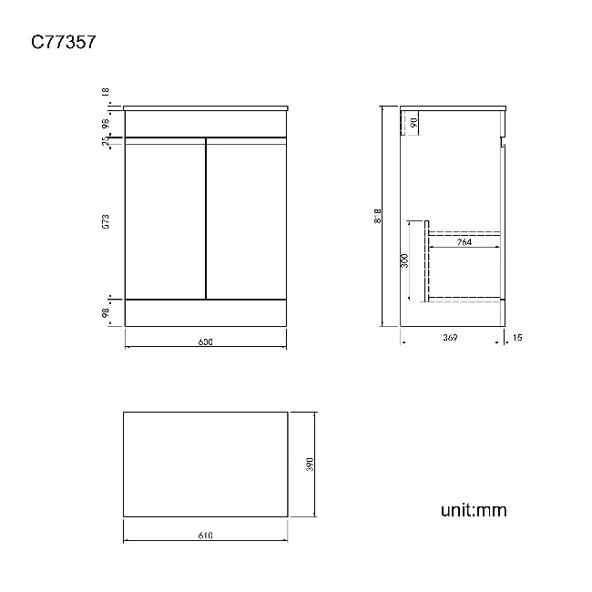 Trent Stone Grey Cabinet 600mm - Excludes Counter Top Basin