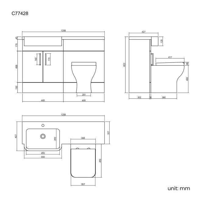 Harper Stone Grey Combination Vanity Basin and Atlanta Toilet 1200mm - Left Handed