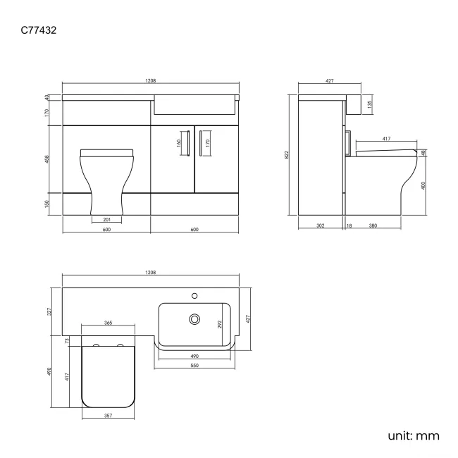 Harper Stone Grey Combination Vanity Basin and Atlanta Toilet 1200mm - Right Handed