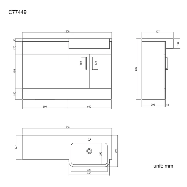 Harper Charcoal Elm Basin Vanity and Back To Wall Toilet Unit 1200mm - Right Handed