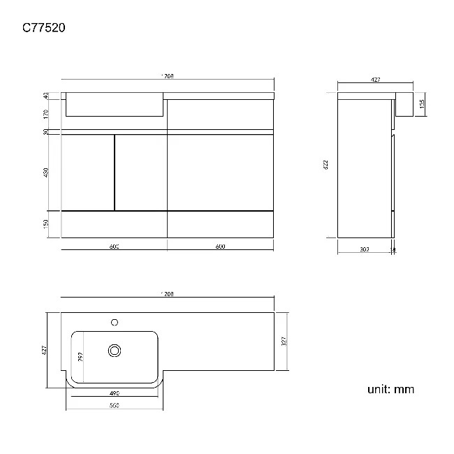 Foster Stone Grey Basin Vanity With Back To Wall Unit 1200mm - Left Handed