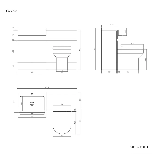 Foster Stone Grey Combination Vanity Basin with Marble Top & Denver Toilet 1200mm