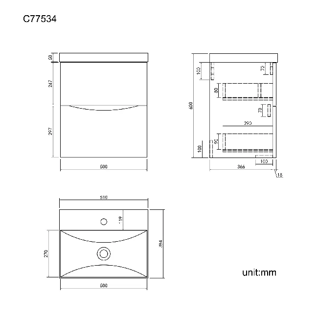 Austin Stone Grey Wall Hung Basin Drawer Vanity 500mm
