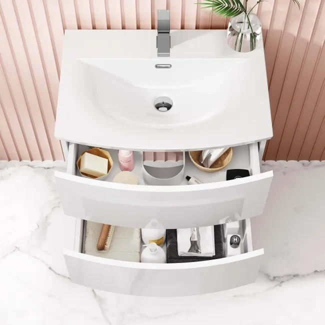 Bali Gloss White Wall Hung Basin Drawer Vanity 600mm