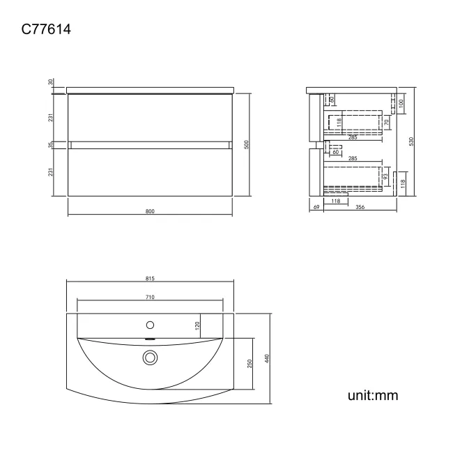 Bali Tungsten Grey Wall Hung Basin Drawer Vanity 800mm