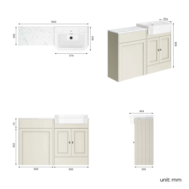 Monaco Chalk White Combination Vanity Traditional Basin with Marble Top 1200mm (Excludes Pan & Cistern)