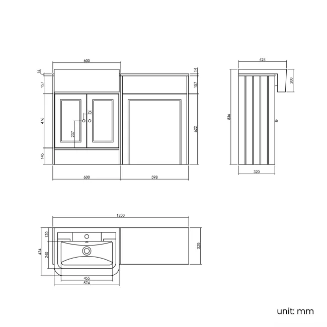 Monaco Chalk White Combination Vanity Traditional Basin with Marble Top 1200mm (Excludes Pan & Cistern)