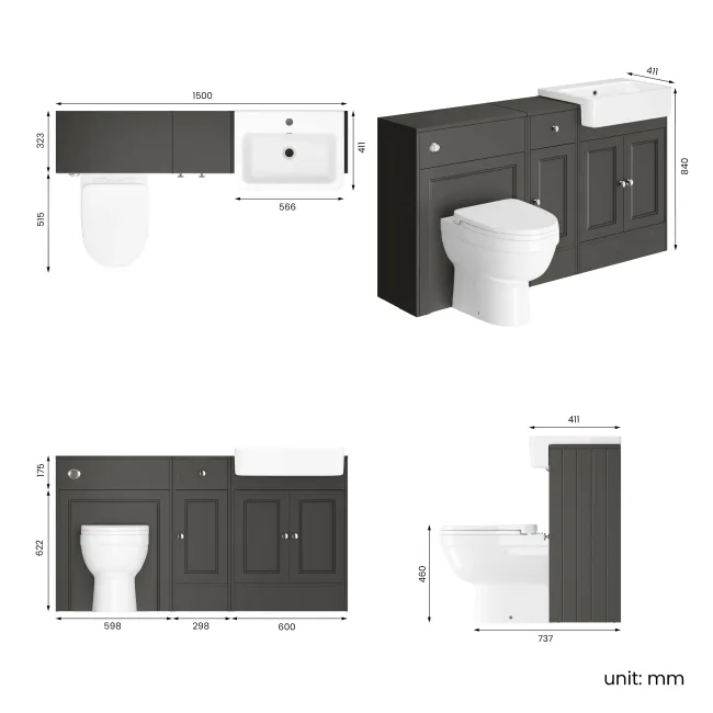 Monaco Graphite Grey Combination Vanity Basin and Seattle Toilet 1500mm