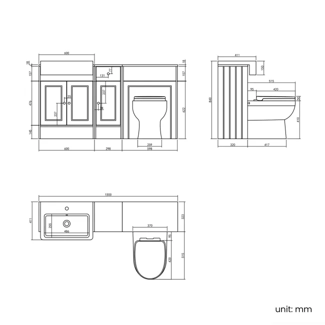 Monaco Graphite Grey Combination Vanity Basin and Seattle Toilet 1500mm