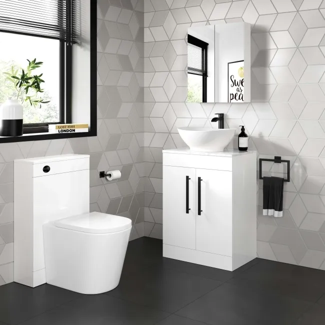 Avon Gloss White Vanity with Marble Top & Oval Counter Top Basin 600mm - Black Accents