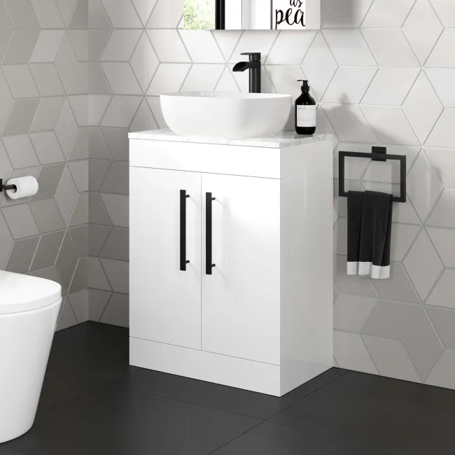 Avon Gloss White Vanity with Marble Top & Curved Counter Top Basin 600mm - Black Accents
