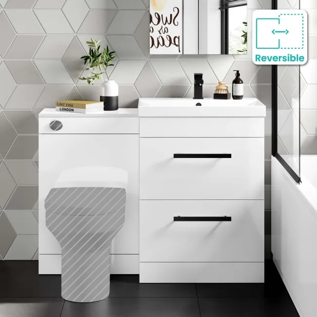 Avon Gloss White Basin Drawer Vanity and Back To Wall Toilet Unit 1100mm (Excludes Toilet) - Black Accents  