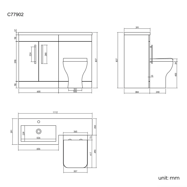 Avon Gloss White Combination Vanity Basin and Atlanta Toilet 1100mm - Black Accents - Left Handed