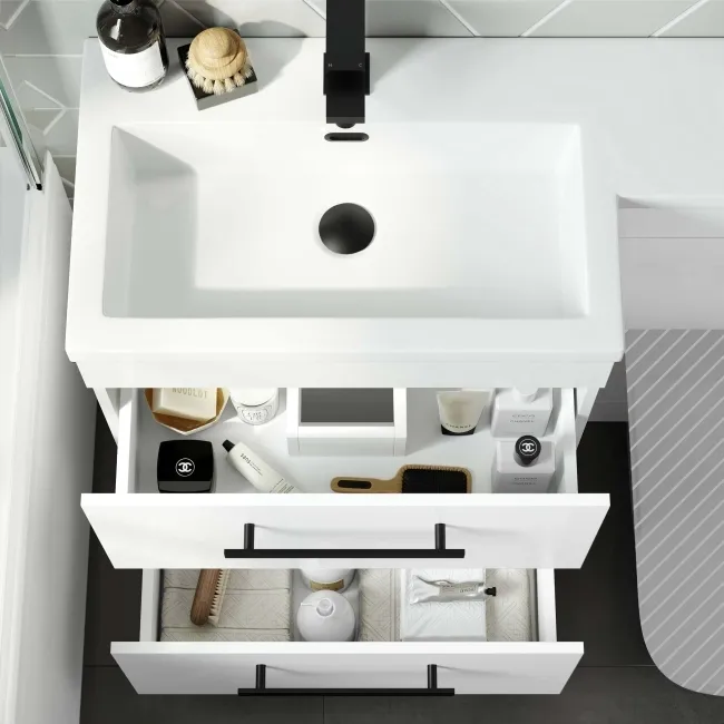 Avon Gloss White Basin Vanity Drawer and Back To Wall Unit 1100mm - Black Accents - Left Handed