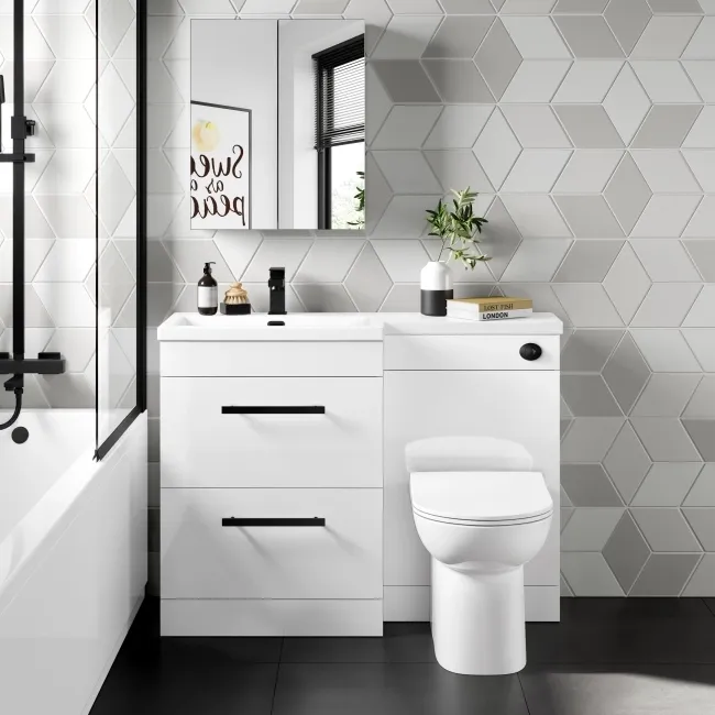 Avon Gloss White Combination Basin Drawer and Aruba Toilet 1100mm - Black Accents - Left Handed