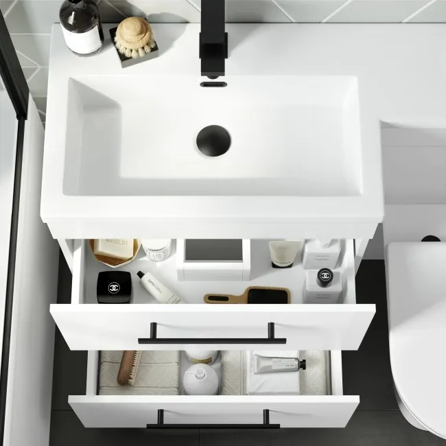 Avon Gloss White Combination Basin Drawer and Aruba Toilet 1100mm - Black Accents - Left Handed