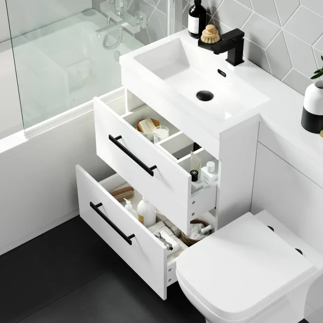 Avon Gloss White Combination Basin Drawer and Atlanta Toilet 1100mm - Black Accents - Left Handed