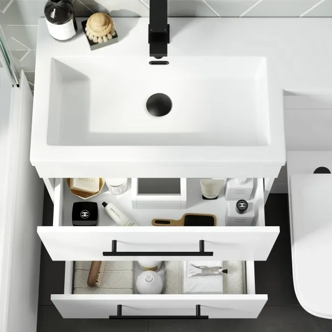 Avon Gloss White Combination Basin Drawer and Atlanta Toilet 1100mm - Black Accents - Left Handed
