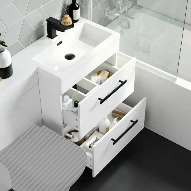 Avon Gloss White Basin Vanity Drawer and Back To Wall Unit 1100mm - Black Accents - Right Handed
