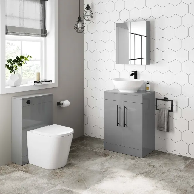 Avon Stone Grey Vanity with Oval Counter Top Basin 600mm - Black Accents