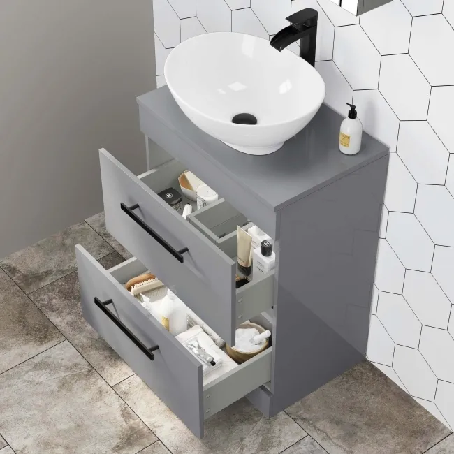 Avon Stone Grey Vanity Drawer with Oval Counter Top Basin 600mm - Black Accents