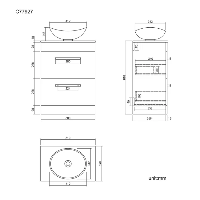 Avon Stone Grey Vanity Drawer with Oval Counter Top Basin 600mm - Black Accents