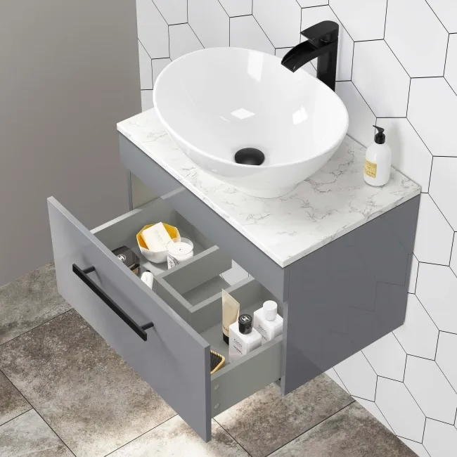 Avon Stone Grey Wall Hung Drawer Vanity with Marble Top & Oval Counter Top Basin 600mm - Black Accents