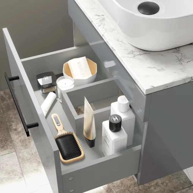Avon Stone Grey Wall Hung Drawer Vanity with Marble Top & Curved Counter Top Basin 600mm - Black Accents