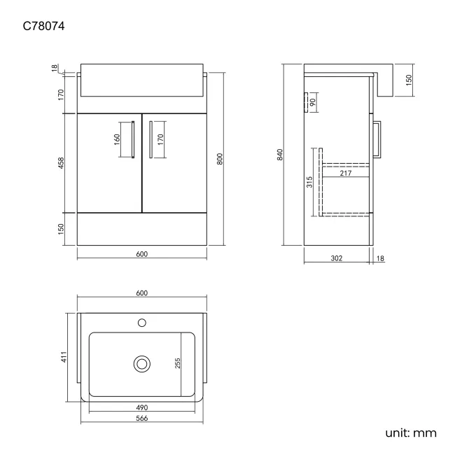 Harper Stone Grey Vanity with Semi Recessed Basin 600mm - Black Accents