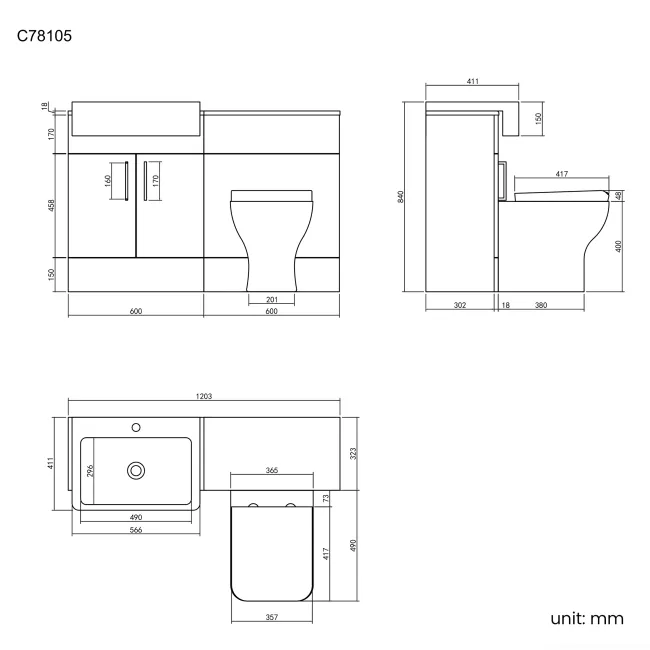 Harper Charcoal Elm Combination Vanity Basin and Atlanta Toilet 1200mm - Black Accents