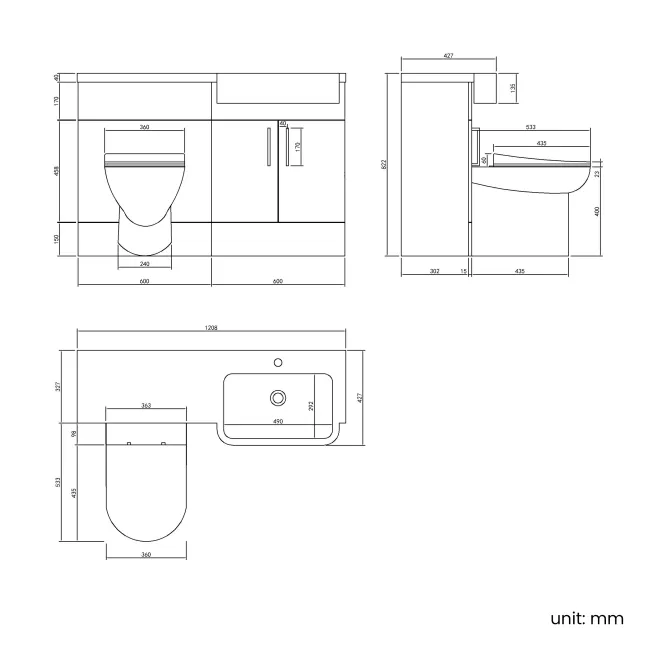 Harper Charcoal Elm Combination Vanity Basin and Aruba Toilet 1200mm - Black Accents - Right Handed