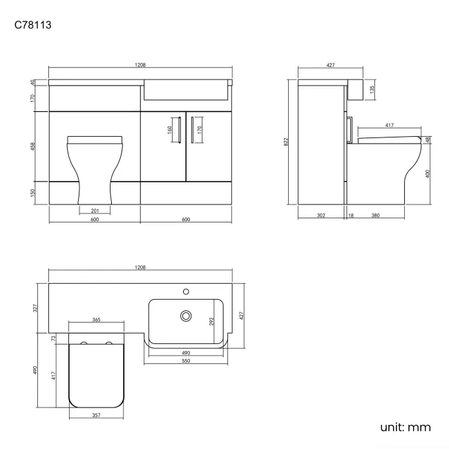 Harper Charcoal Elm Combination Vanity Basin and Atlanta Toilet 1200mm - Black Accents - Right Handed