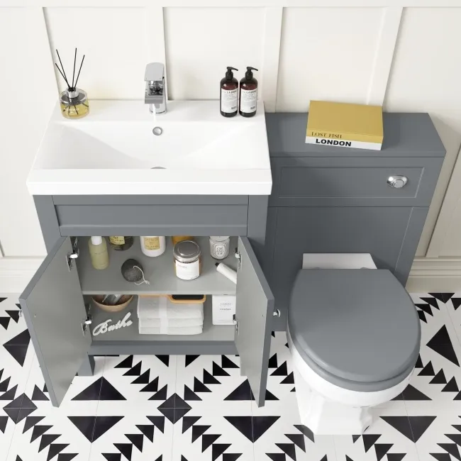 Bermuda Dove Grey Combination Vanity Basin and Hudson Toilet with Wooden Seat 1100mm