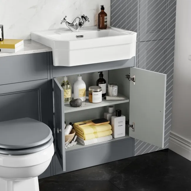 Monaco Dove Grey Combination Vanity Traditional Basin with Marble Top & Hudson Toilet with Wooden Seat 1200mm