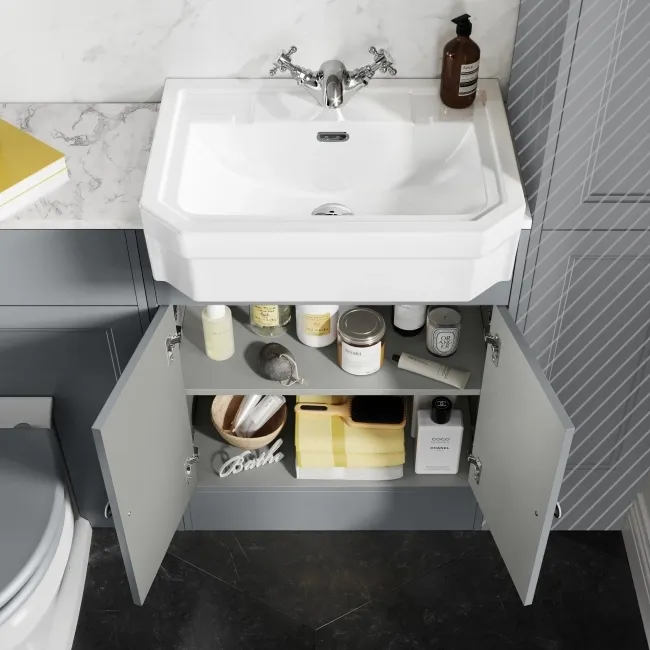 Monaco Dove Grey Combination Vanity Traditional Basin with Marble Top & Hudson Toilet with Wooden Seat 1200mm