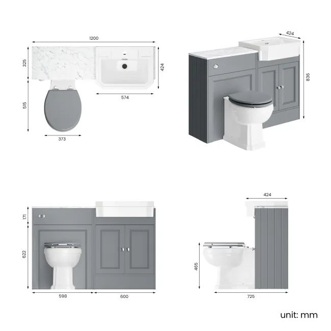 Monaco Dove Grey Combination Vanity Traditional Basin with Marble Top & Hudson Toilet with Wooden Seat 1200mm