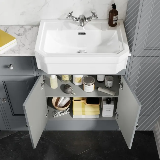 Monaco Dove Grey Combination Vanity Traditional Basin with Marble Top & Hudson Toilet with Wooden Seat 1500mm